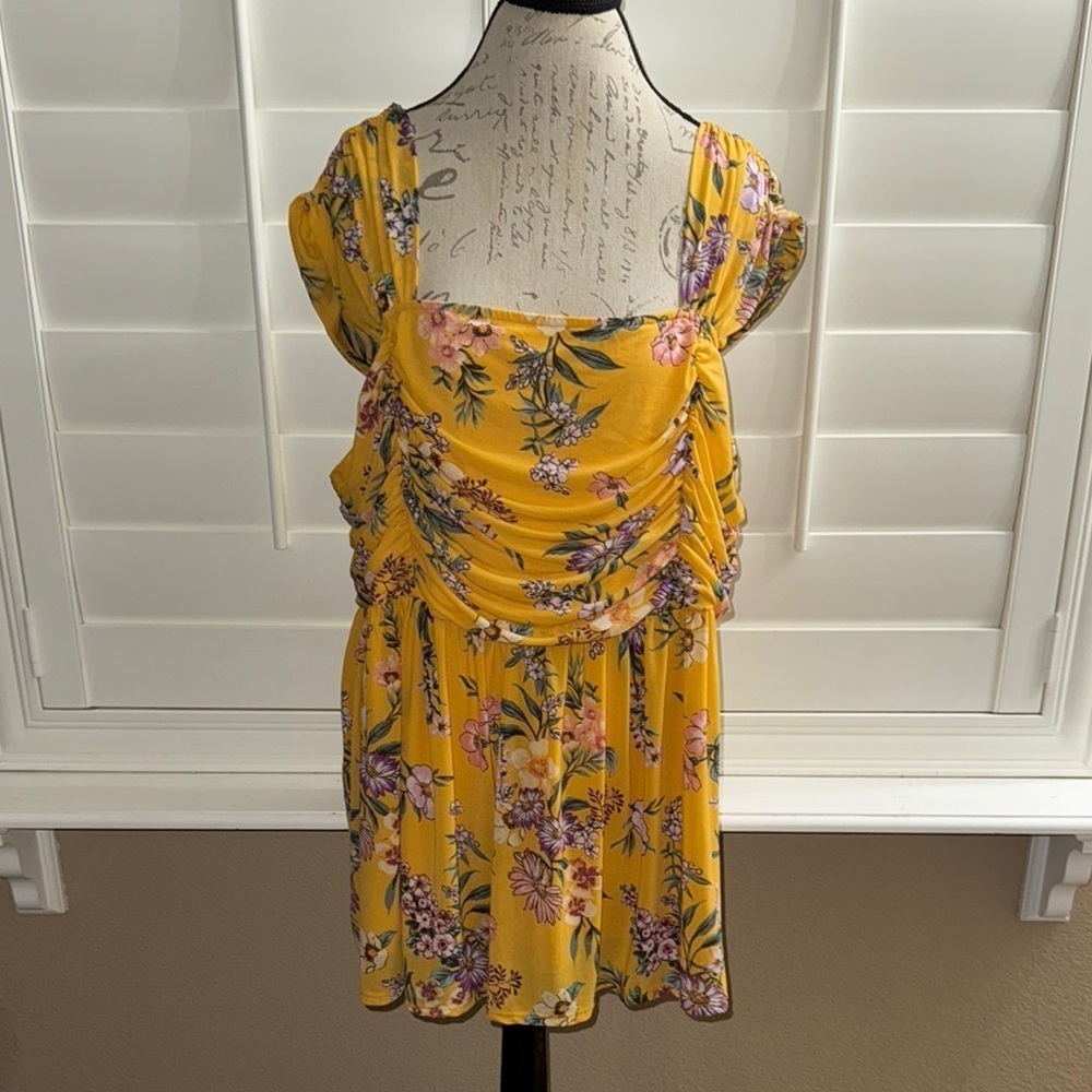 Torrid Stretch Mesh Square Neck Shirred Peplum Cherish Floral Mineral Yellow